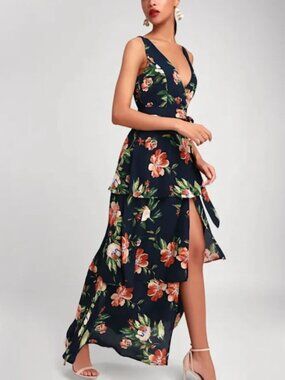 Lulus Women’s Small Cascading Crush Teal Floral Print Tiered Ruffled Maxi Dress
